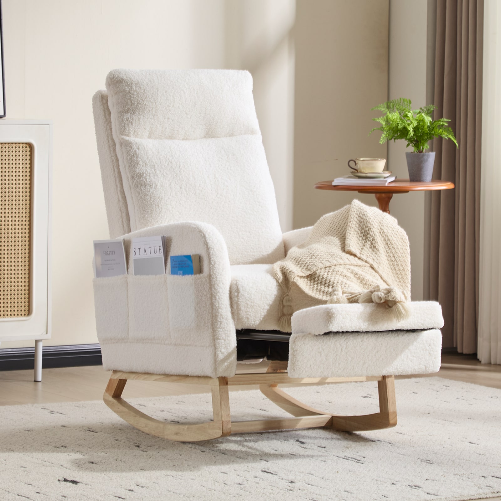 Modern Accent Rocking Chair Rocking Chair With Solid Wood Legs, Upholstered Nursery Glider Rocker, Comfy Armchair With Side Pocket, Living Room Lounge Arm Chair With High Backrest (White,teddy)_voghion.com